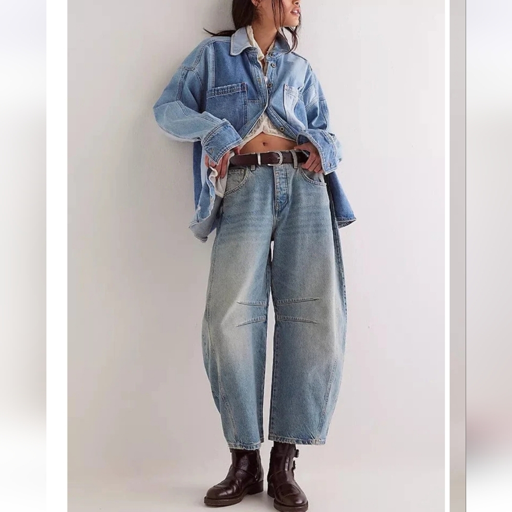 Free People Good Luck Barrel Jeans Mid Rise Distressed Relaxed Kismet  28 NWOT